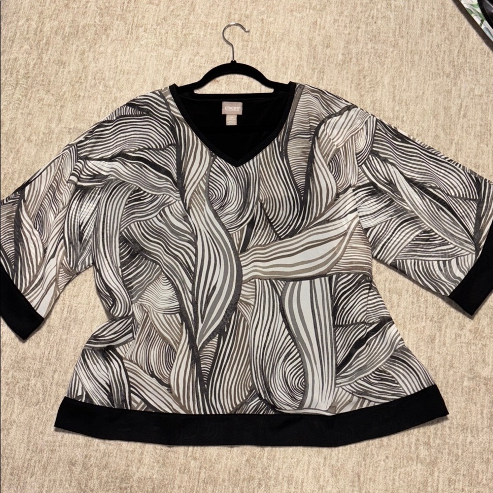 Chico's Sz 2 Large 12 lightweight flowy top dolman sleeves Brown black cream